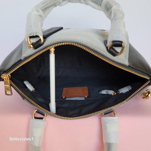 COACH Elise Badge Satchel In Jacquard & Refined Leather- Salt Black color ⭐ - Picture 13 of 16